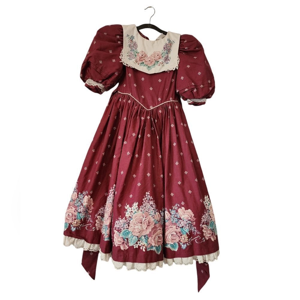 Vintage Daisy Kingdom Factory Dress Roses Floral Crinoline Burgundy Size 8